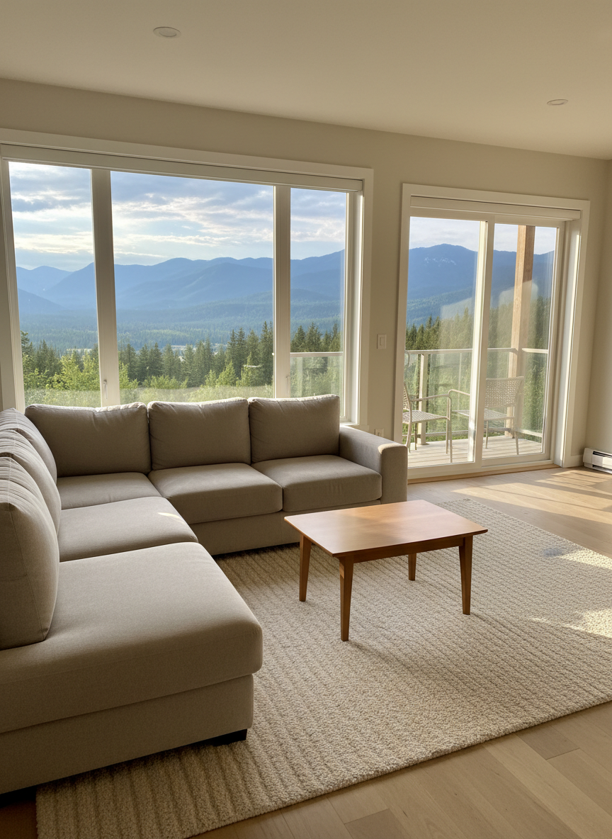 A high-end vacation rental living area after a professional clean, featuring a large picture window framing distant forested Kootenay mountains. Inside, a light beige sectional sofa sits on a perfectly vacuumed wool rug, with a low, matte wood coffee table free of dust or clutter. A sliding glass door is spotless, revealing a clear view to a small balcony. Late afternoon natural light streams in, creating warm highlights on wood surfaces and gentle shadows under furniture. Photographic realism, wide-angle composition that balances interior comfort with the dramatic outdoor scenery. The mood is serene, inviting, and premium, illustrating meticulous cleaning for short-term rentals in a scenic mountain region.