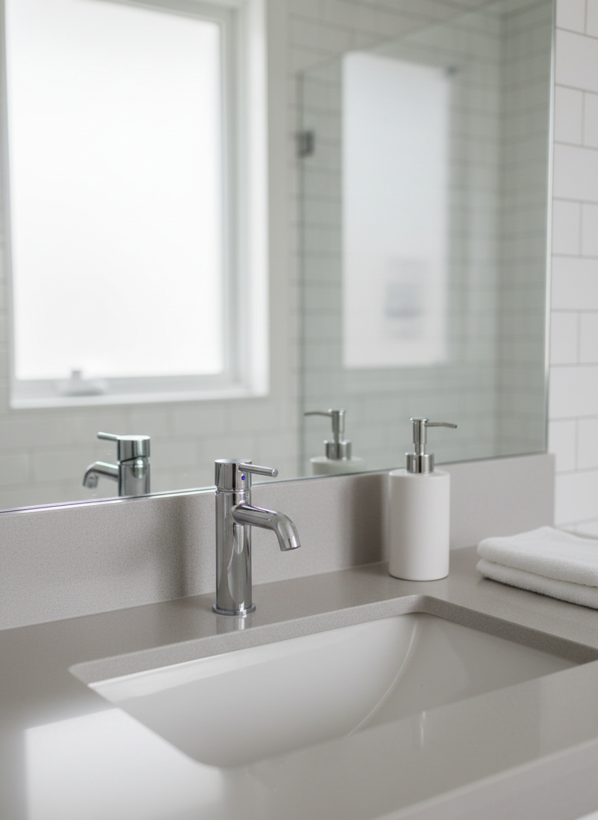 A close-up, photographic realism shot of a perfectly cleaned bathroom vanity: a spotless white porcelain sink set into a smooth, light-gray stone countertop, with a polished chrome faucet free of water spots. The mirror above is crystal clear, reflecting soft, diffused daylight from a frosted window. On the counter, a single folded white hand towel and a small, minimal soap dispenser sit precisely aligned. The lighting is bright but gentle, creating subtle highlights on the chrome and a calm, fresh atmosphere. Captured at a slightly elevated angle with shallow depth of field, the sink area is in sharp focus, while the background shower tiles blur softly, emphasizing a professional, spa-like level of cleanliness.