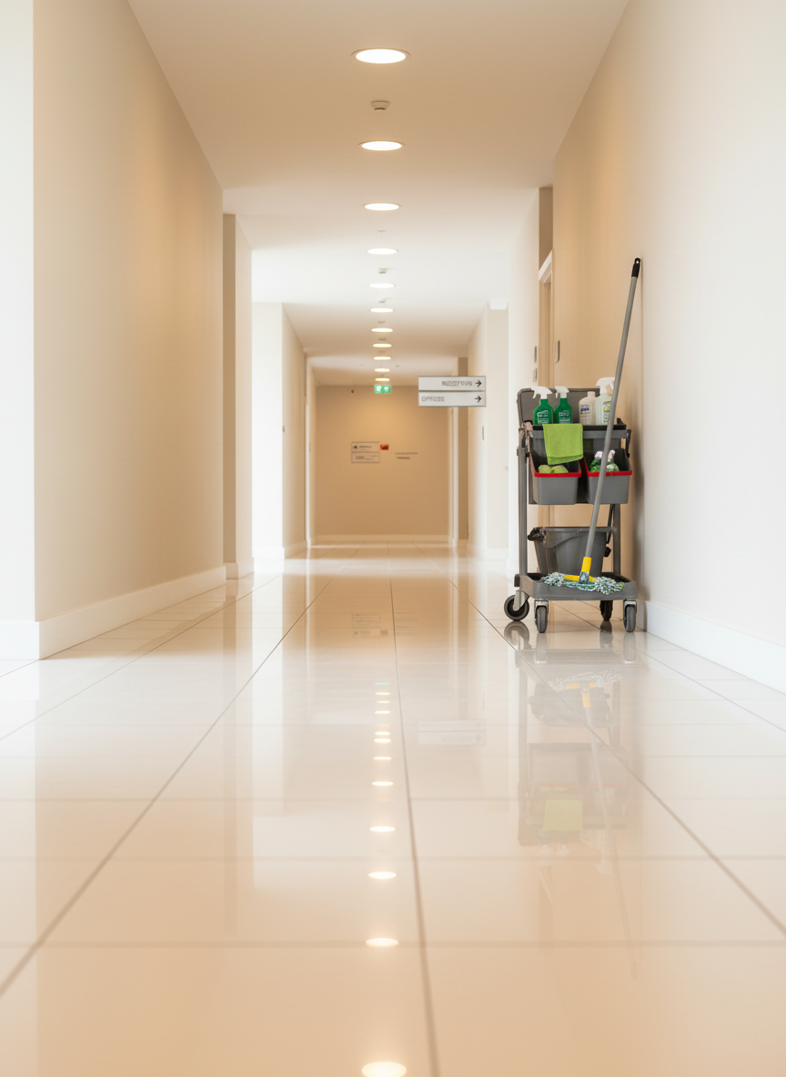 A spotless, sunlit hallway in a modern building with gleaming polished tile floors reflecting overhead recessed lights. Baseboards and corners are dust-free and sharply defined, and a discrete, well-organized janitorial cart with neatly arranged eco-friendly cleaning products is parked near a wall, emphasizing professionalism. The walls are a soft, warm white, free of scuff marks, with simple directional signs adding a functional touch. Photographic realism, captured from a low-angle perspective down the corridor to create depth and leading lines. The lighting is bright yet soft, with no harsh glare, and the overall atmosphere is orderly, efficient, and reassuring—ideal for conveying high-standard commercial or institutional cleaning services.