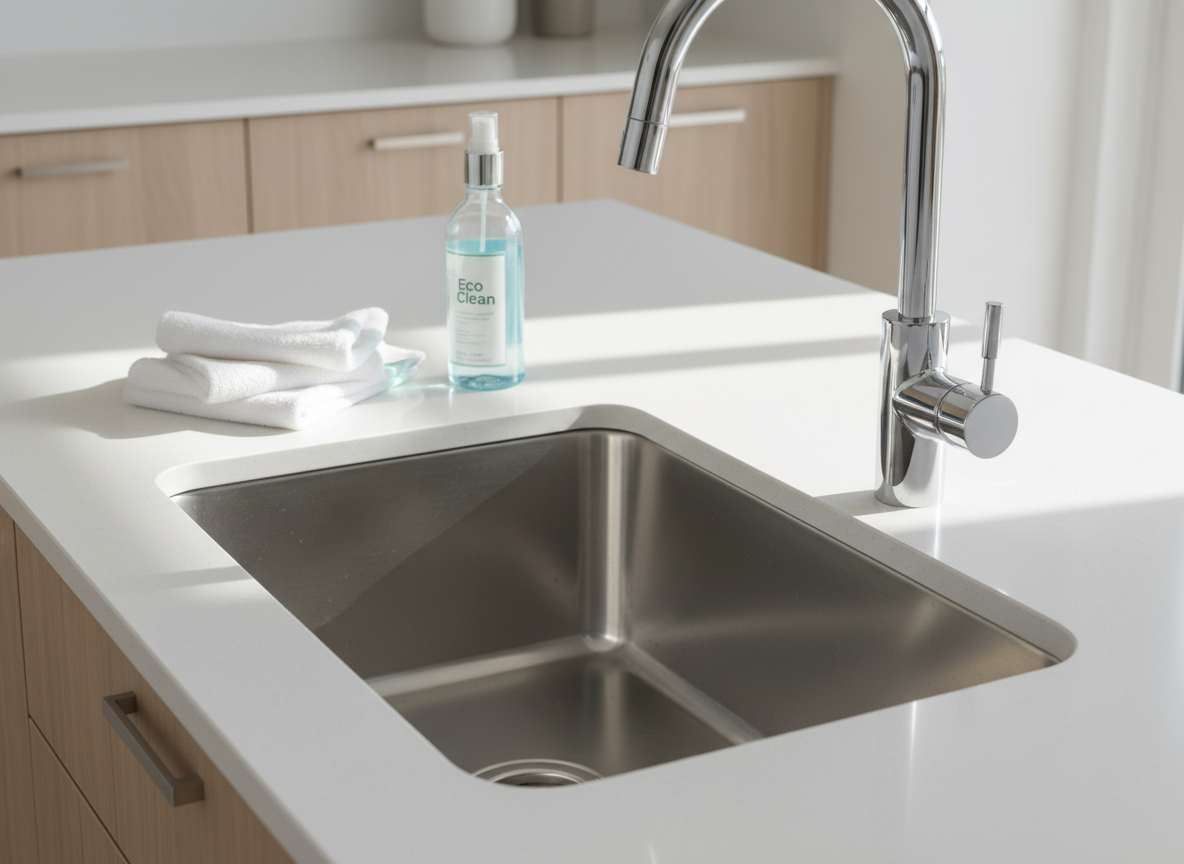 A gleaming stainless steel kitchen sink with perfectly polished chrome fixtures, the basin spotless and reflecting light like a mirror. Surrounding countertops of pale quartz are immaculate, with neatly folded white microfiber cloths and a discreet spray bottle labeled “Eco Clean.” The setting is a modern home kitchen with light oak cabinetry and a large window just out of frame. Soft morning sunlight streams in, creating crisp reflections on the metal surfaces and gentle shadows along the counter edge. Photographic realism, shot at eye level with a slight angle to emphasize depth, sharp focus throughout. The mood is professional, fresh, and hygienic, conveying a premium cleaning service in a clean and modern aesthetic.