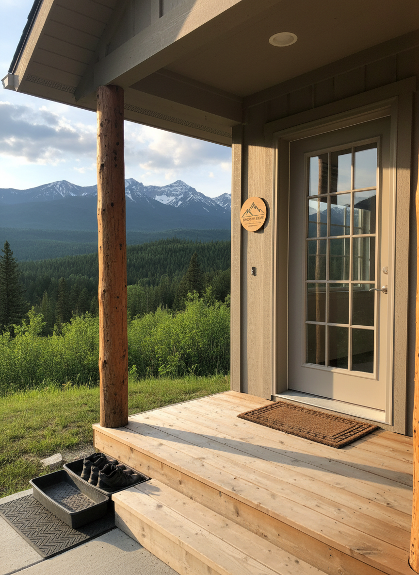 An exterior view of a tidy Kootenay-style home entrance, featuring a small covered porch with freshly swept steps, clean glass in the front door, and mud-free, well-organized boot trays by the threshold. A backdrop of forested hills and a hint of mountain peaks situates the home in the Kootenays. Soft late afternoon light casts gentle, elongated shadows, highlighting the crisp edges of the cleaned surfaces. Photographic realism, captured at eye level with a balanced composition showing both the doorway and a glimpse of the natural surroundings. The mood is welcoming, orderly, and connected to nature, suggesting a professional local cleaning service that respects both home and environment.