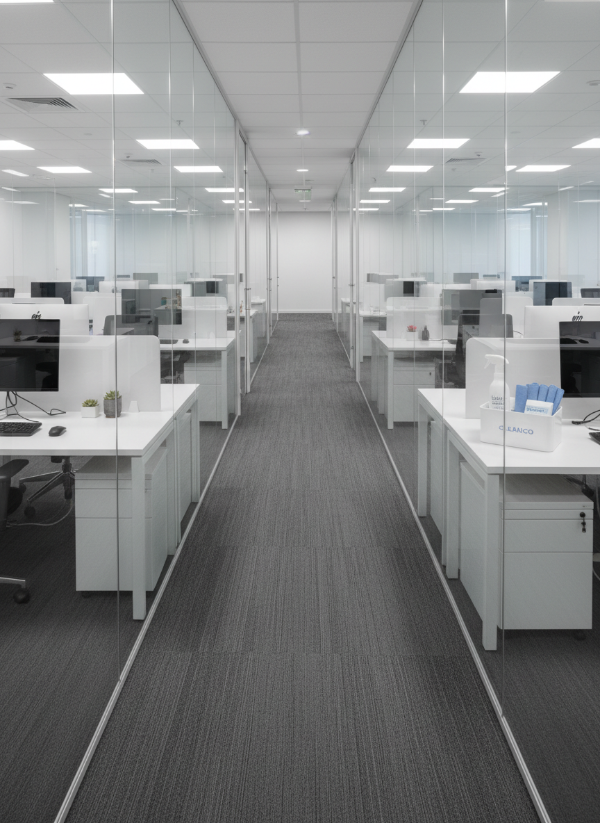 A meticulously detailed office interior with spotless white desks, organized cable-free workstations, and streak-free floor-to-ceiling glass partitions. The matte gray carpet is freshly vacuumed, with precise lines visible in the pile. On one desk, a small, neatly arranged set of branded cleaning supplies—spray bottle, folded microfiber cloths, and a labeled caddy—sits ready for use. Overhead LED panel lights provide bright, even illumination, with no harsh shadows, emphasizing the cleanliness of every surface. Captured in photographic realism from a slightly elevated angle, the composition highlights depth down a corridor of desks. The mood is highly professional and efficient, suitable for commercial cleaning services that prioritize order, clarity, and a modern corporate environment.