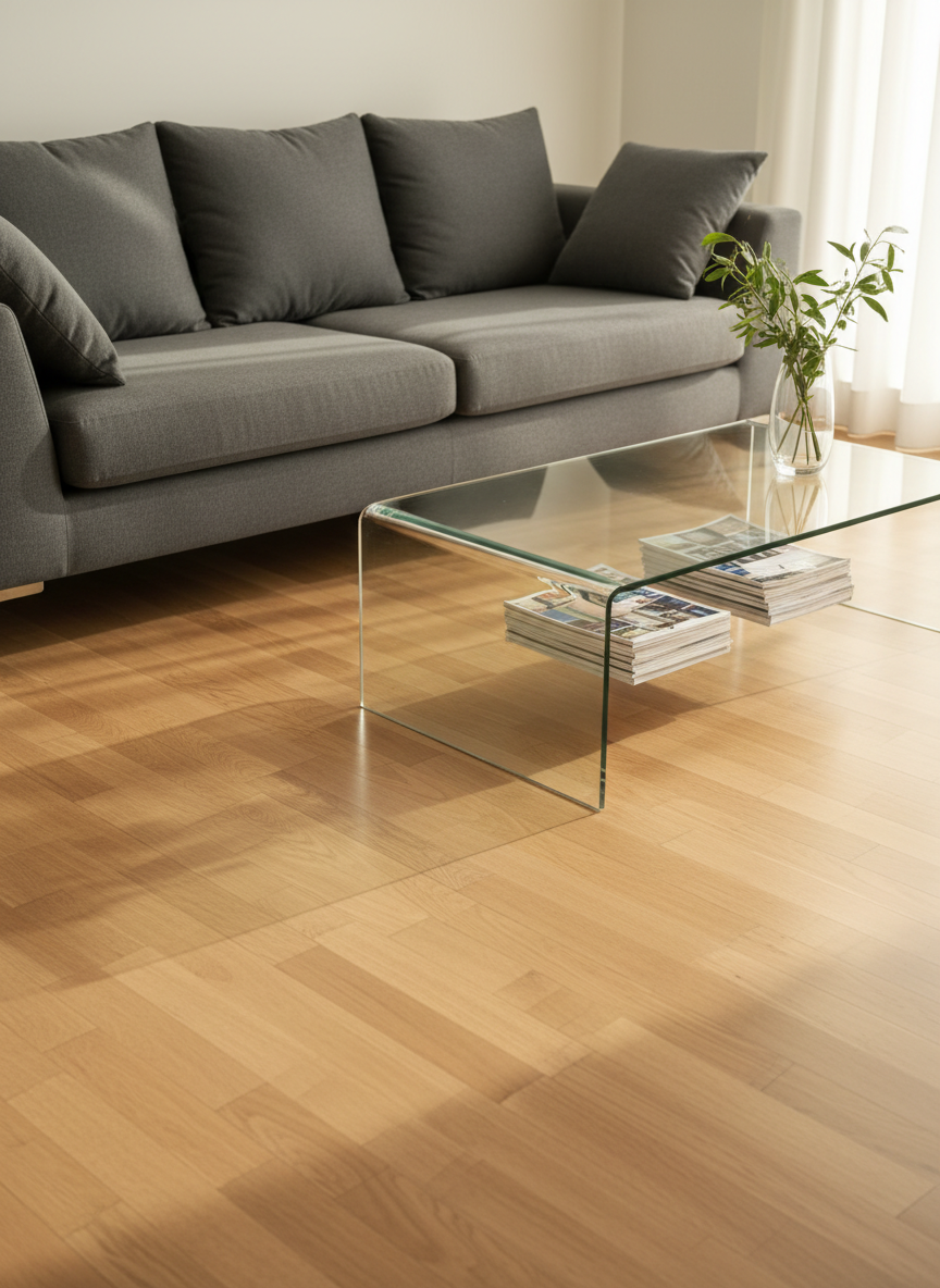 A bright, freshly cleaned living room featuring a plush charcoal-gray sofa with perfectly fluffed cushions, a spotless glass coffee table, and a dust-free, gleaming hardwood floor. A neatly arranged stack of magazines and a single clear glass vase with green foliage sit on the table, emphasizing order and simplicity. Natural afternoon light pours in from a large unseen window, creating soft reflections on the glass surface and a warm glow across the floor. Photographic realism with a wide-angle lens captures the entire room in sharp detail, using a rule-of-thirds composition. The atmosphere is calm, organized, and welcoming, highlighting the professionalism and thoroughness of high-end home cleaning services.
