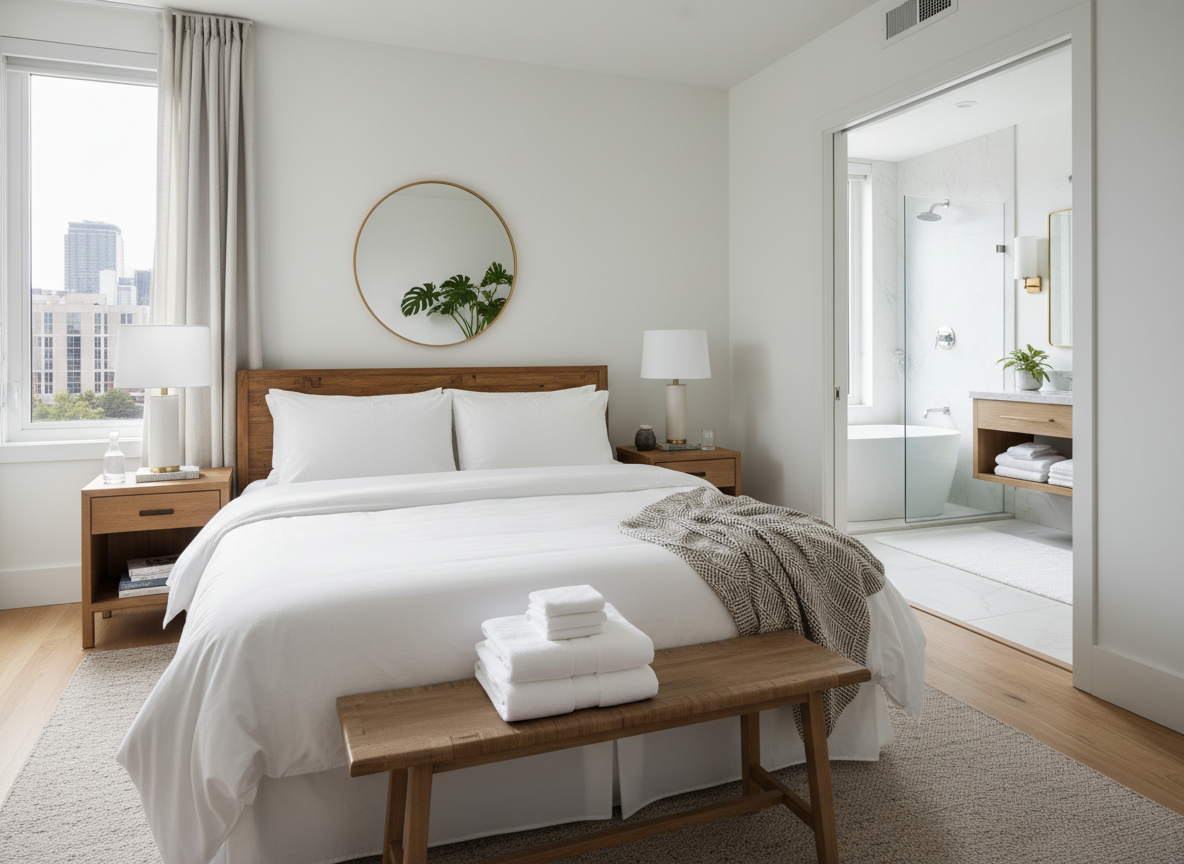 Beautifully staged Airbnb bedroom with crisp white bedding
