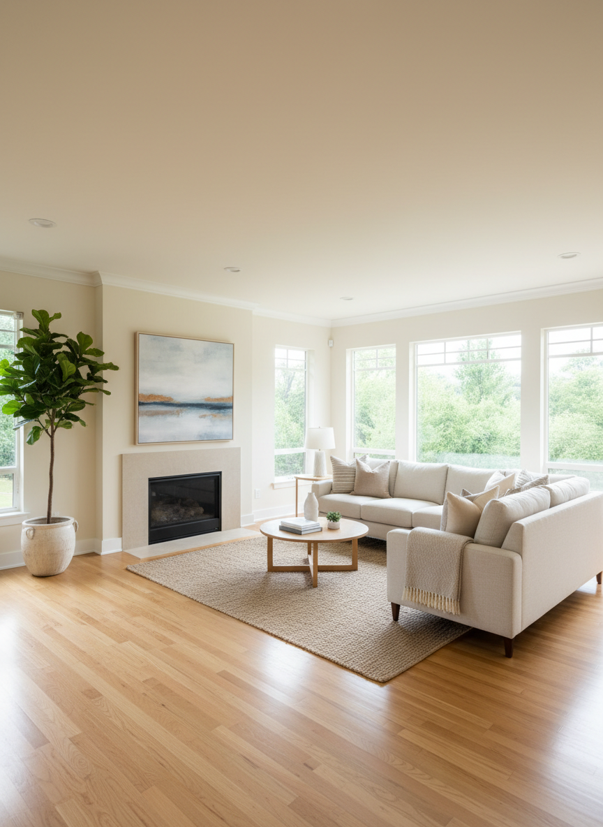 A bright, freshly cleaned sunlit living room with wood floors and large windows