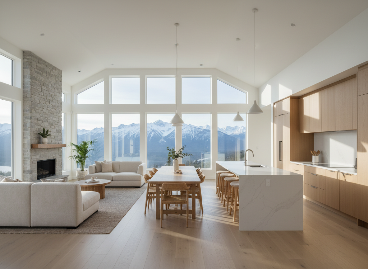 A spotless bright open kitchen and living space with mountain views